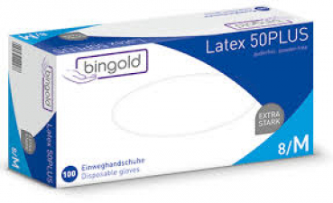 Bingold 50Plus- Einmalhandschuhe, Latex, puderfrei, ideal für Medizin, Küche, Werkstatt, 100Stk/Pkg